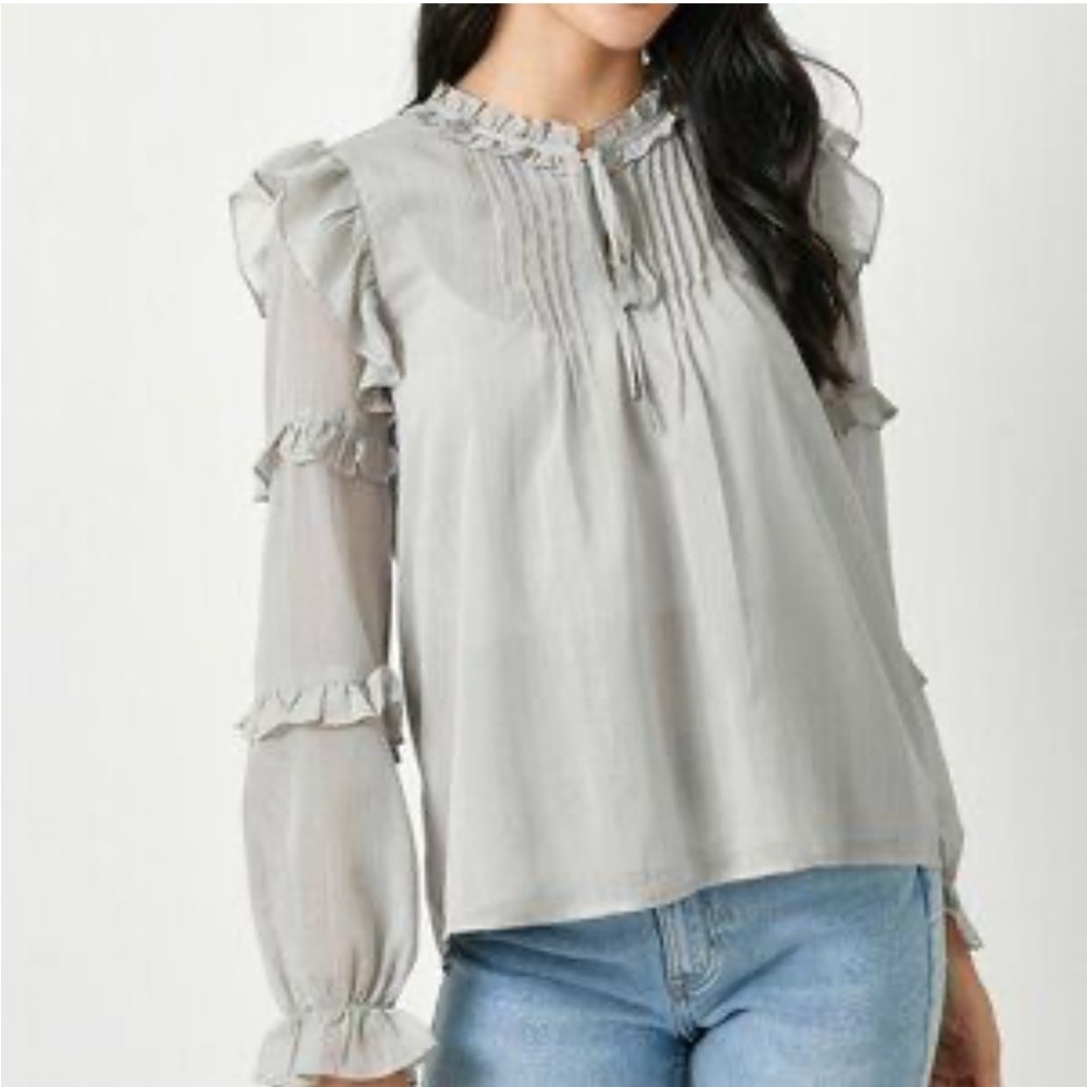 Mystree Ruffle Tie-Neck Blouse in Light Gray with Metallic Detail